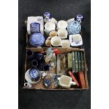Two boxes of assorted china - Sylvac caddies, Ringtons pieces, dog figures,