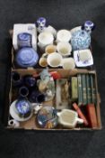 Two boxes of assorted china - Sylvac caddies, Ringtons pieces, dog figures,