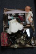 Two boxes of costume jewellery, light fittings, jewellery box, Tiffany style table lamp,