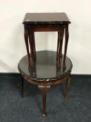 Two inlaid mahogany tables and a glass topped occasional table