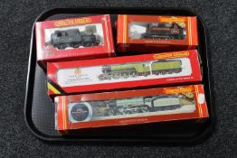 A tray of four boxed Hornby die cast locomotives including The Flying Scotsman and Manchester