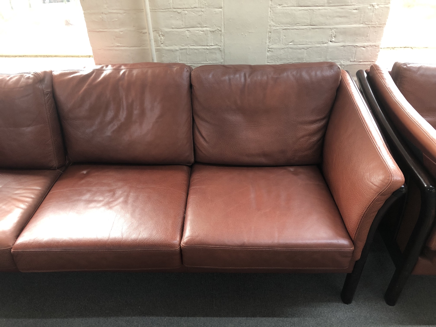 Two Danish stained beech framed settees upholstered in brown leather CONDITION REPORT: - Image 2 of 8