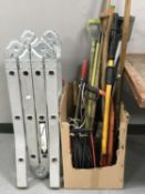 A folding aluminium multi function ladder, garden tools,