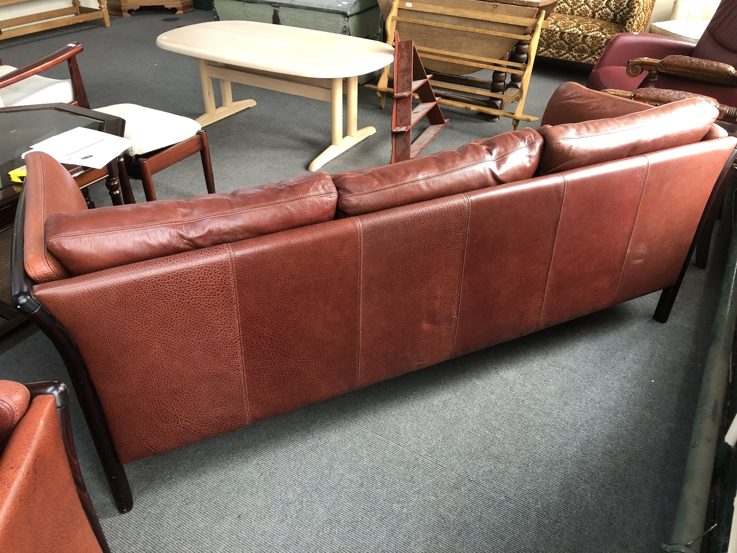 Two Danish stained beech framed settees upholstered in brown leather CONDITION REPORT: - Image 8 of 8