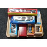 A tray containing boxed die cast rolling stock including Hornby and Bachmann