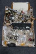 Two boxes of Picquot ware tray, glass ware, plated trophies and tankards,