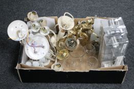 A box of assorted light fittings, brass wall lights, spot lights,