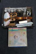 A box of student violin, trinket boxes,