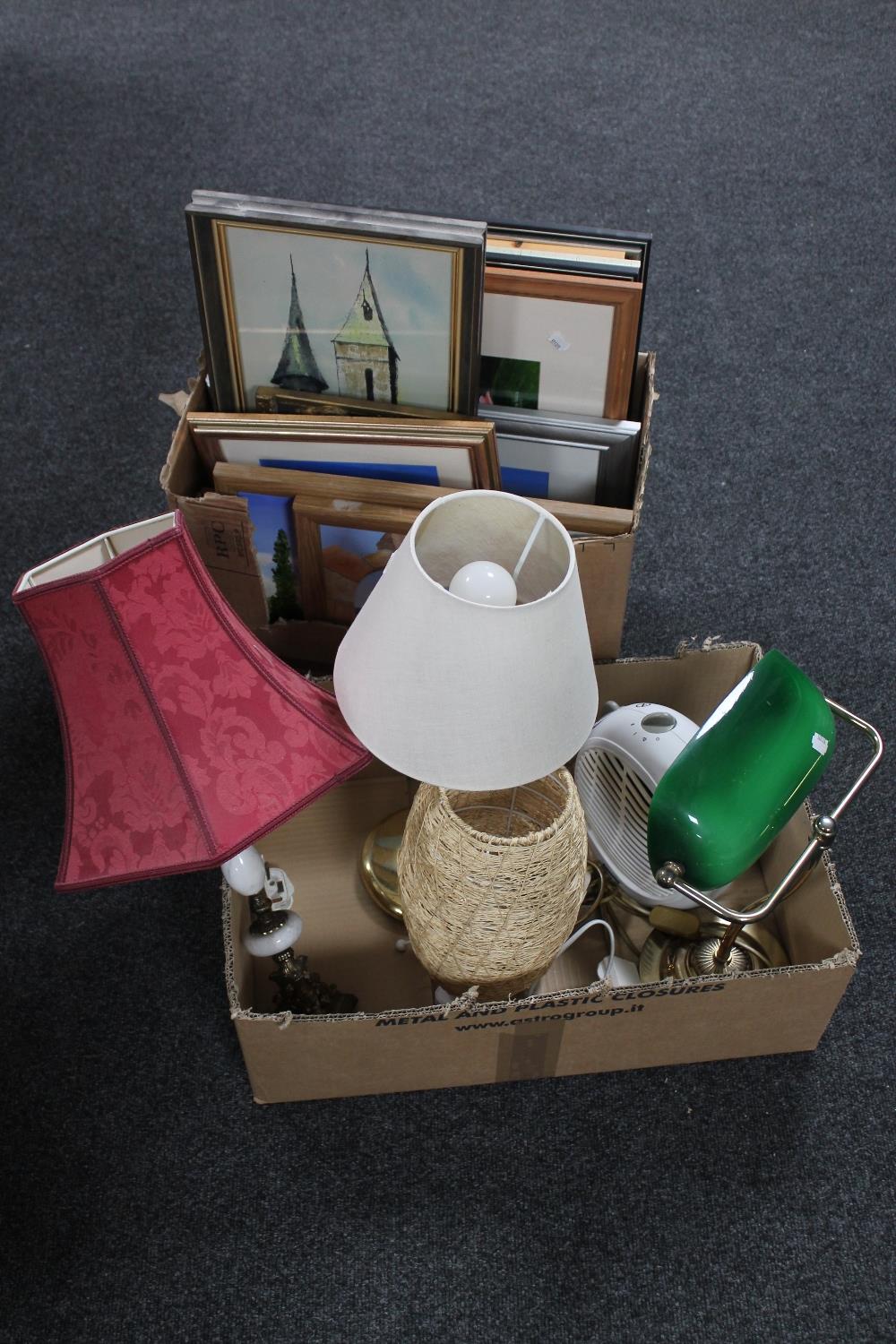 Two boxes containing banker's lamp, table lamp,
