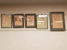 Five framed pencil drawings depicting "The Lady Parker", "The Lady Elliott",