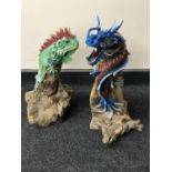 Two contemporary wooden figures of an iguana and a dragon