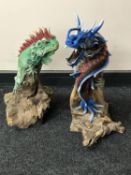 Two contemporary wooden figures of an iguana and a dragon