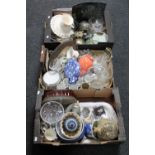Three boxes containing a large quantity of 20t century glass ware, plated gallery tray,