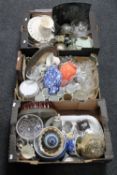 Three boxes containing a large quantity of 20t century glass ware, plated gallery tray,