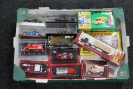 A box of assorted die cast vehicles - Vanguards Ford Transit van, fire engines,