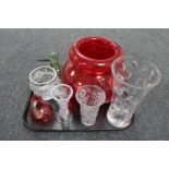 A tray containing antique and later glassware including Cranberry glass jug,