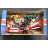 A box of assorted tools - wrench, Black & Decker drill, ball joint separator,