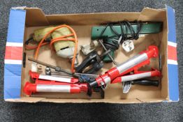 A box of assorted tools - wrench, Black & Decker drill, ball joint separator,