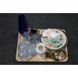 A tray of blue glass dressing table set, brass miner figure, Aynsley Wild Tudor vase, L.S.