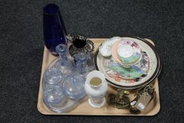 A tray of blue glass dressing table set, brass miner figure, Aynsley Wild Tudor vase, L.S.