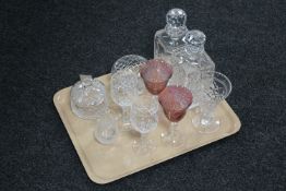 A tray of assorted glass ware - whisky decanters, wine glasses,