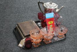 A tray of plated coffee pot, cased cutlery, assorted glass ware,