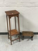 A Victorian mahogany plant stand and an oak poker work footstool