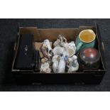 Box of assorted figures, lock box with key, Denby jug,