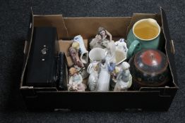 Box of assorted figures, lock box with key, Denby jug,