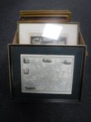 A box of assorted pictures - map of Newcastle, etchings,