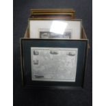 A box of assorted pictures - map of Newcastle, etchings,