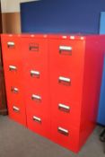 Three red metal four drawer filing chests (two with keys)