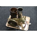 A tray of wooden pestle and mortar, chrome vase, brass figure of a tiger, brass measure,