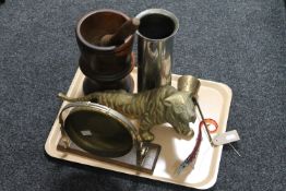 A tray of wooden pestle and mortar, chrome vase, brass figure of a tiger, brass measure,