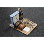 A tray of ship in bottle, boxed lighter, trinket boxes, miniature coal scuttle and shovel,