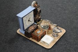 A tray of ship in bottle, boxed lighter, trinket boxes, miniature coal scuttle and shovel,