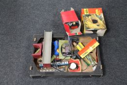 A box of Tri-ang Hornby railway accessories and rolling stock