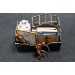 A box containing a pottery Real Madrid flagon, vintage bird cage, antique collectors books,