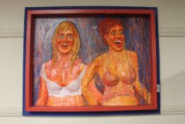 Donald James White : Two women laughing, three-dimensional oil on board,