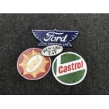 Four cast iron signs including Castrol and BSA