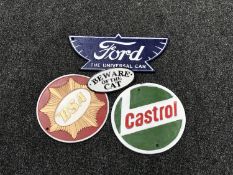 Four cast iron signs including Castrol and BSA