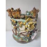 A Victorian glazed pottery Majolica jardiniere with deer and flower decoration a/f