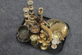 A tray of brass and plated wares including hour glass, pair of candlesticks,
