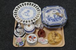 A tray of porcelain tazza, Adams blue and white lidded dish, perfume bottle,