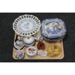 A tray of porcelain tazza, Adams blue and white lidded dish, perfume bottle,