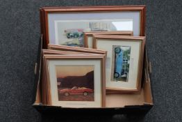 A box of two framed prints of classic cars and six framed photographs of classic cars