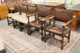 Eight antique oak button leather upholstered dining chairs (2 carvers + 6 singles)