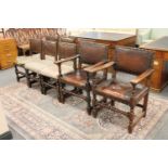 Eight antique oak button leather upholstered dining chairs (2 carvers + 6 singles)