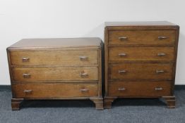 A 1930's oak four drawer chest together with a matching three drawer chest