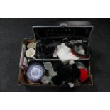 A box containing assorted tea ware, glasses, vintage hoover,